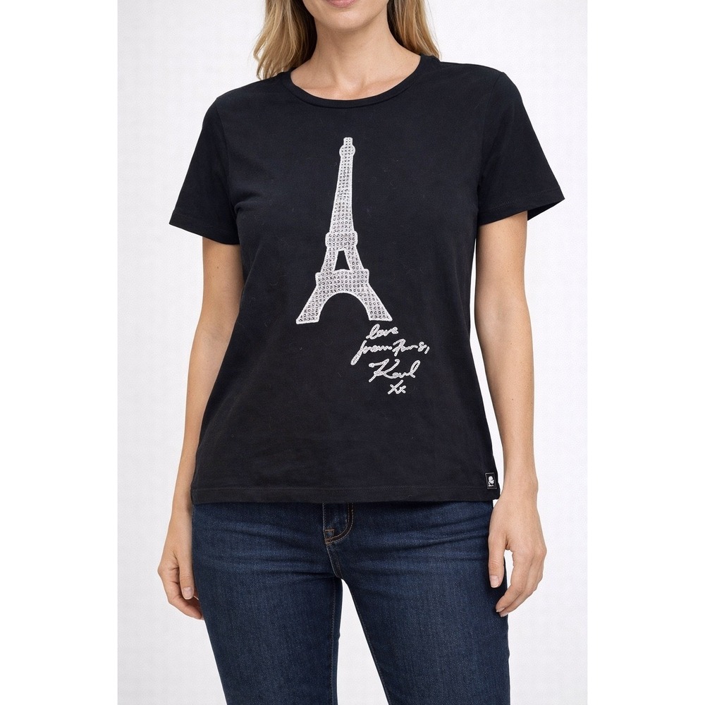 Karl Lagerfeld Paris Black Eiffel Tower Sequin Graphic Tee Shirt Womens L G